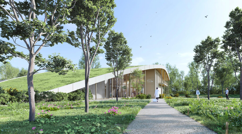 Vue architecturale du futur siège de Roannaise de l'Eau, bâtiment à toiture végétalisée intégré dans un jardin paysager
